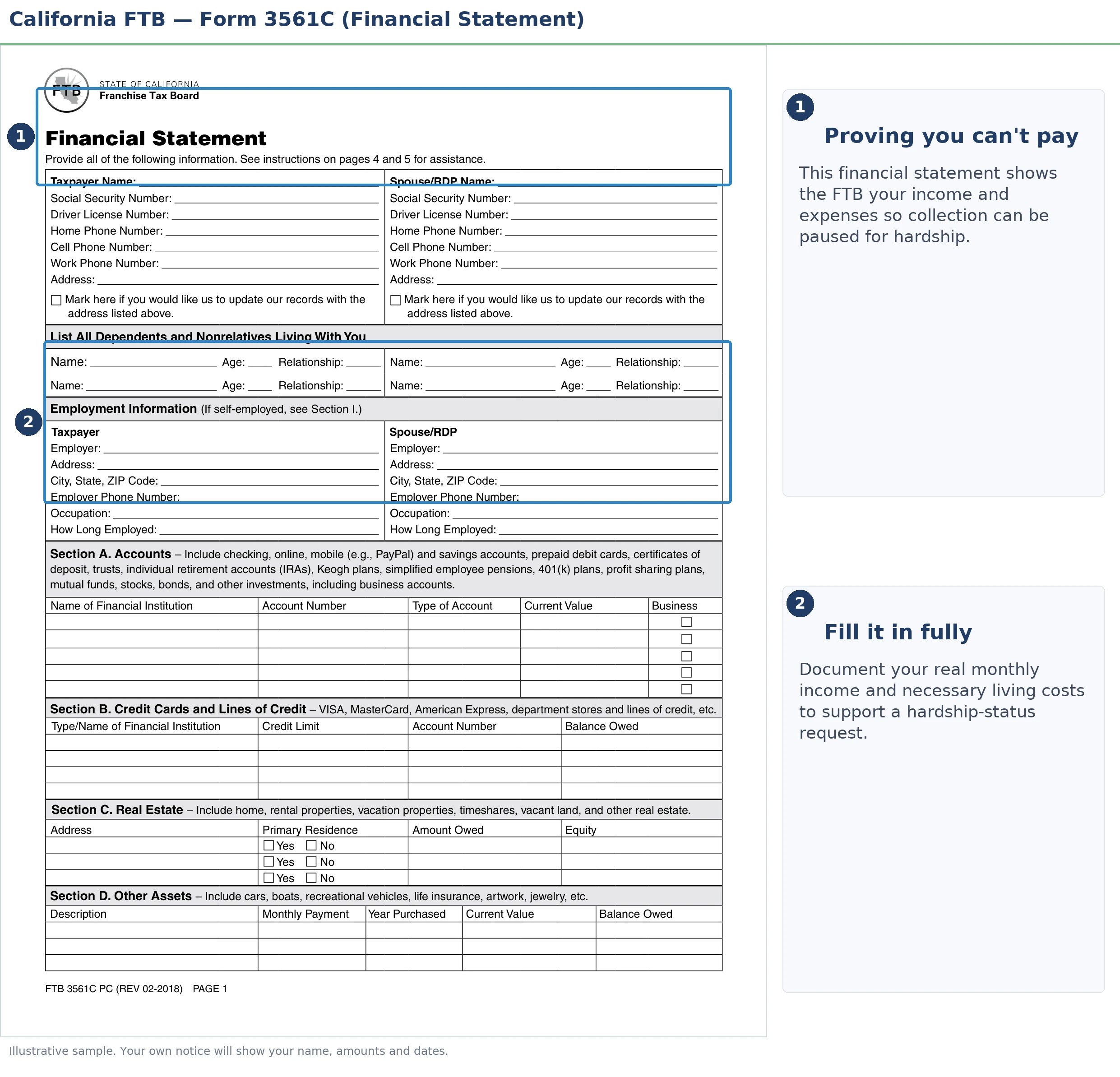 An annotated sample document for FTB Financial Hardship & Currently Not Collectible Status in California, with the key parts highlighted.