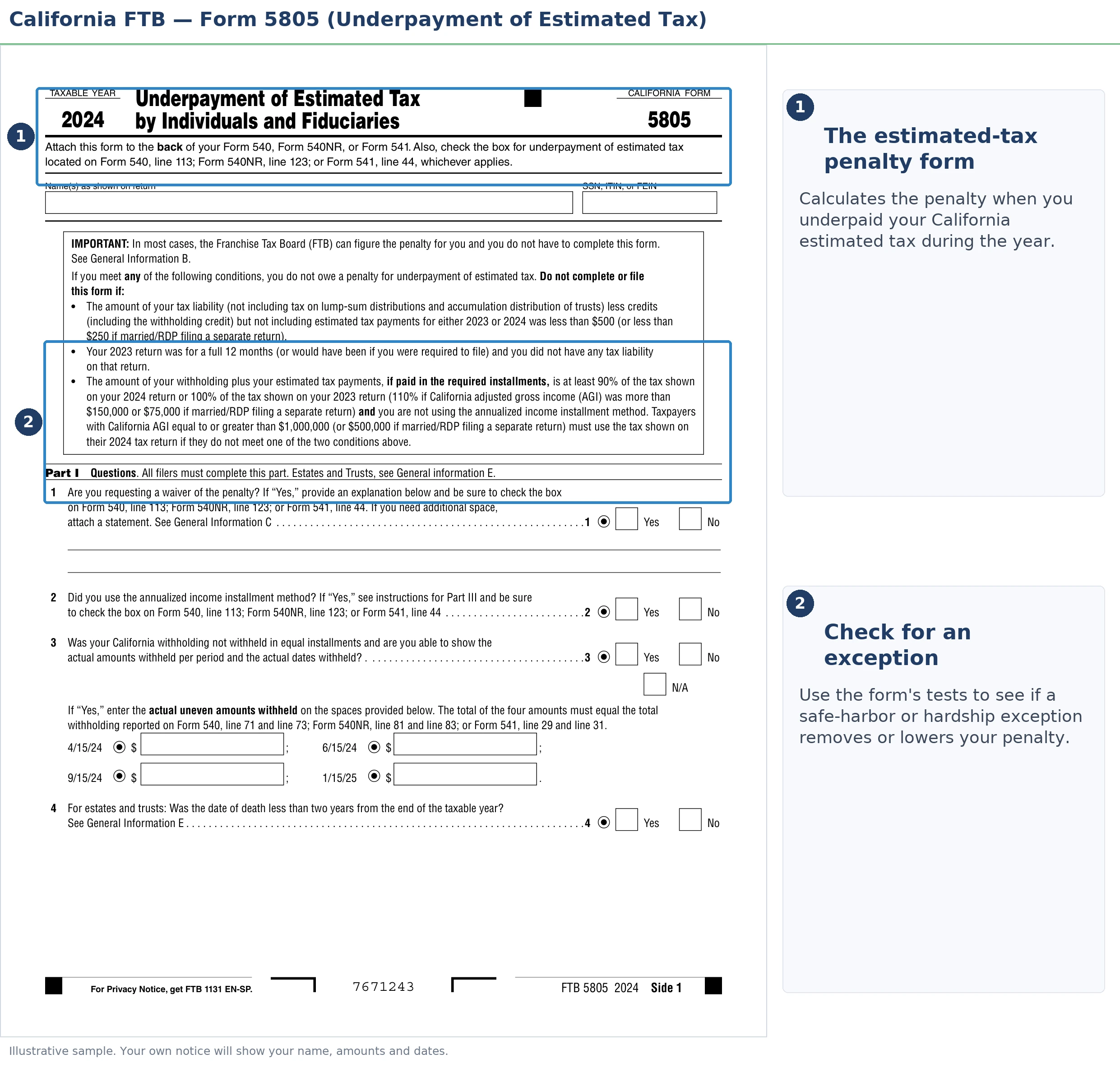 An annotated sample document for FTB Estimated Tax Penalty & Form 5805 Explained, with the key parts highlighted.
