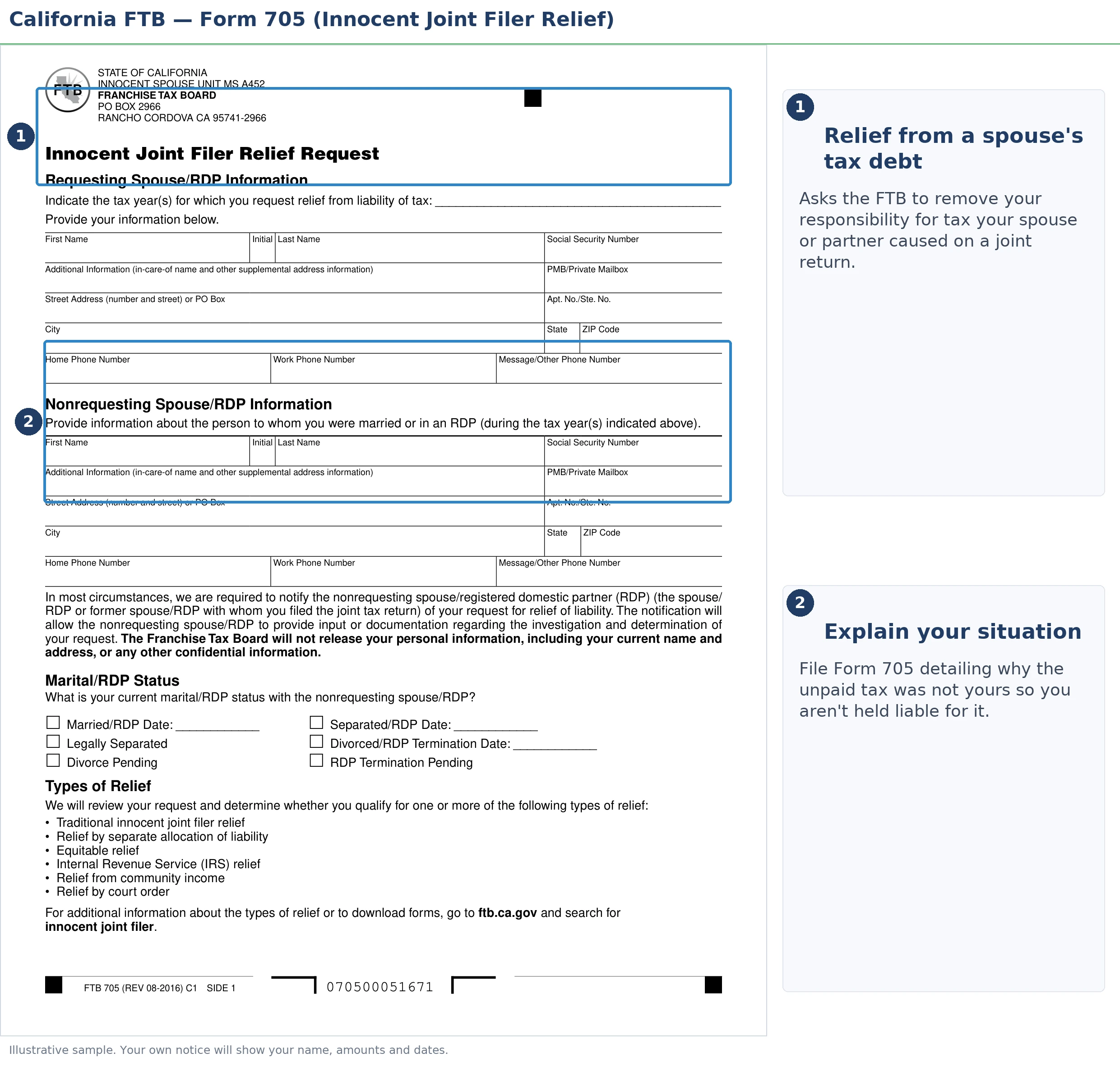 An annotated sample document for FTB Innocent Spouse & Equitable Relief in California, with the key parts highlighted.