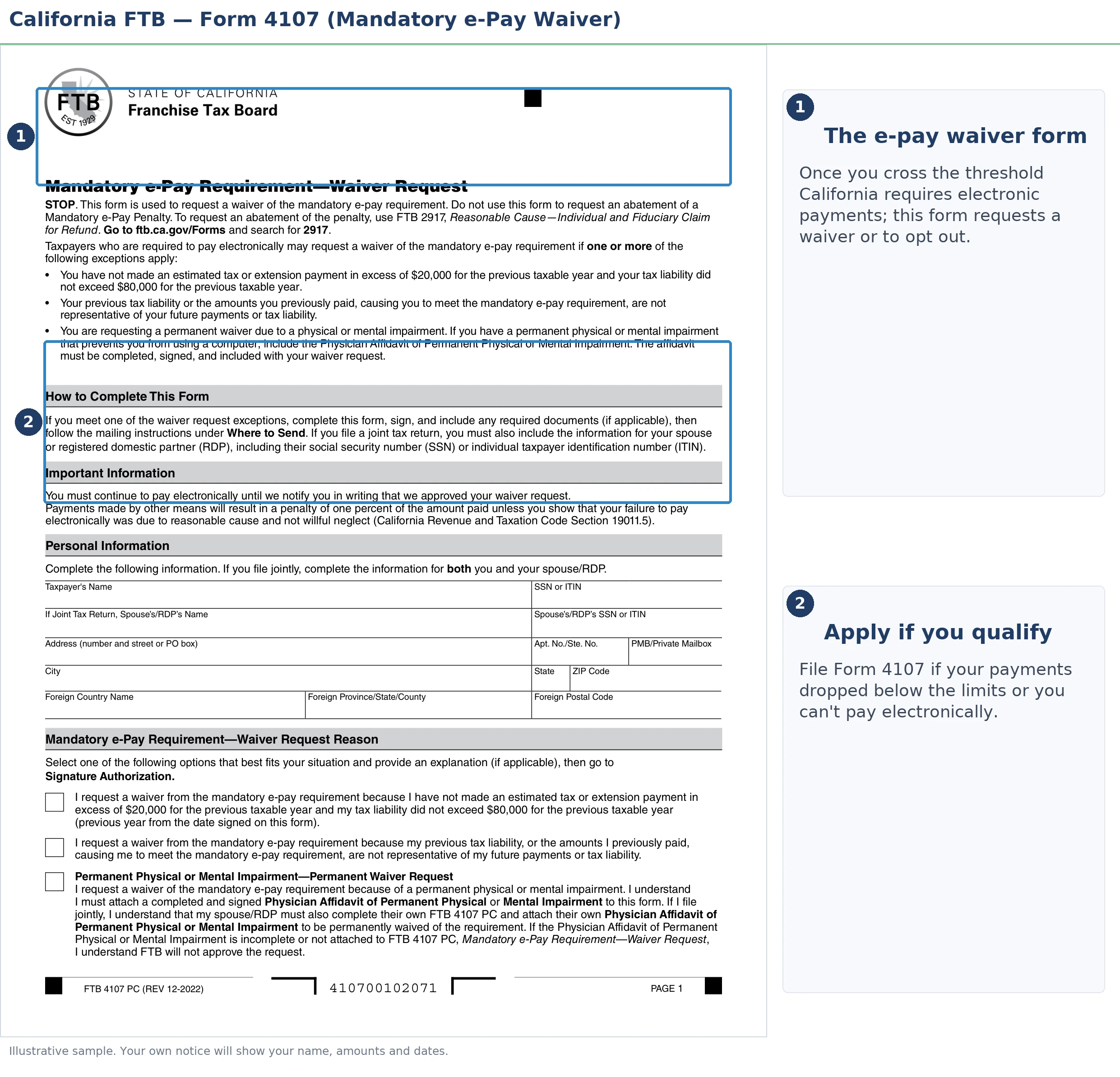An annotated sample document for FTB Mandatory e-Pay, with the key parts highlighted.