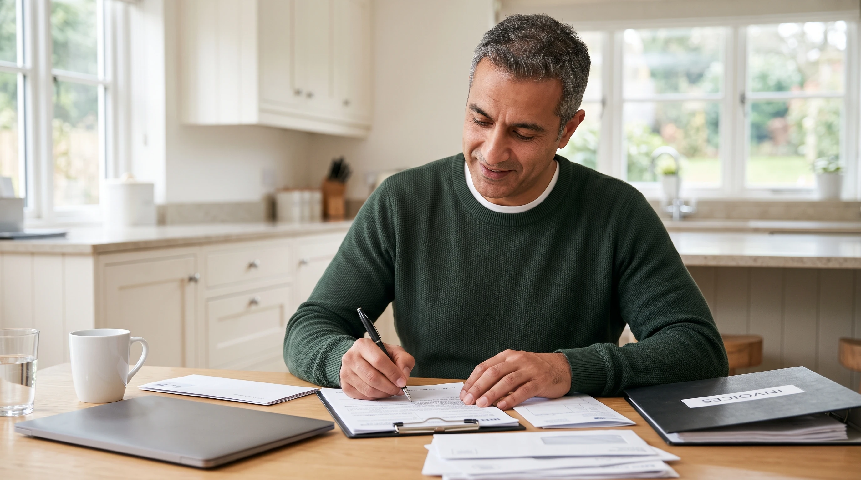 A person at home reviewing paperwork about FTB Notice Decoder.