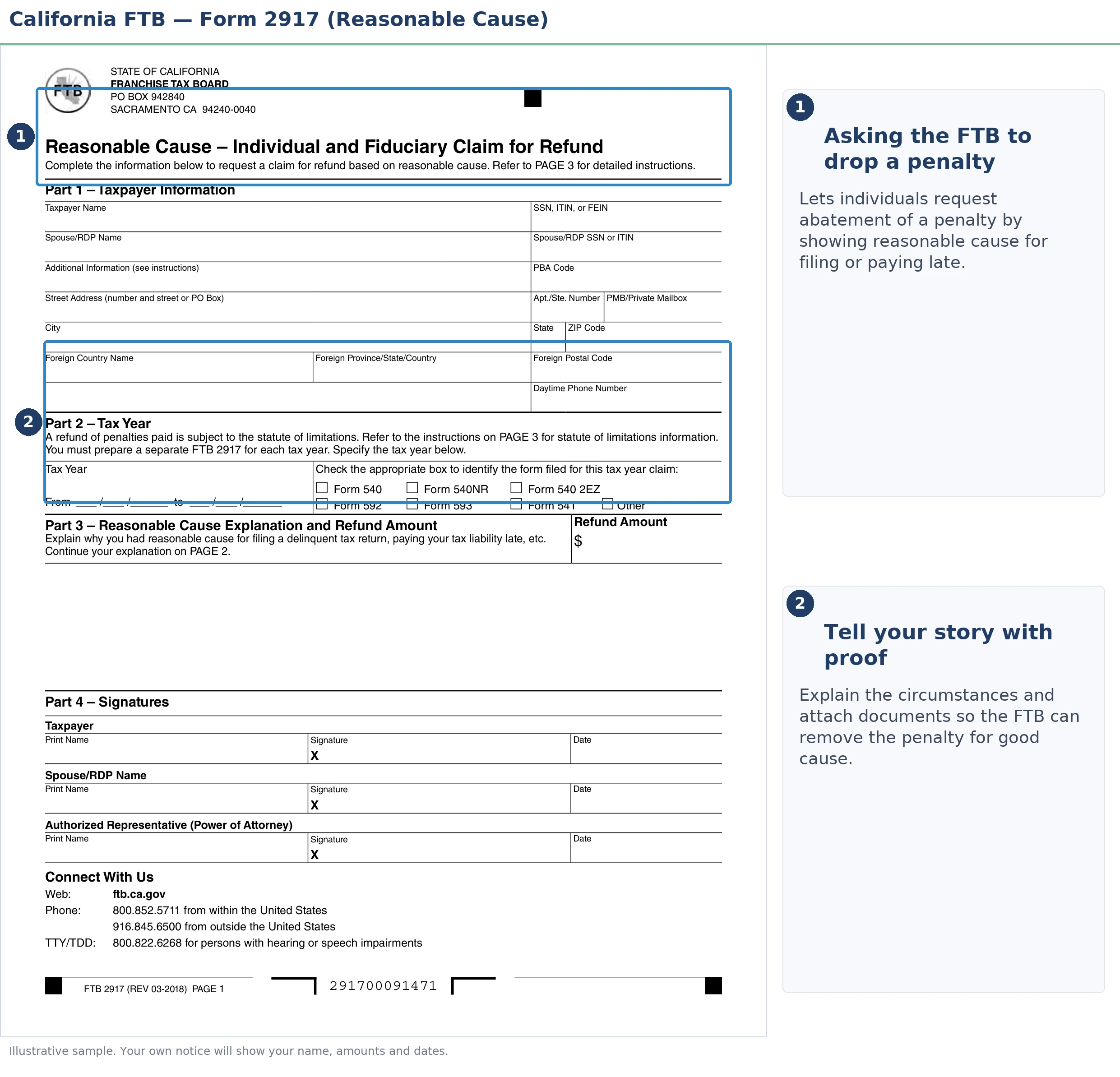 An annotated sample document for FTB Penalty Abatement & Reasonable Cause in California, with the key parts highlighted.