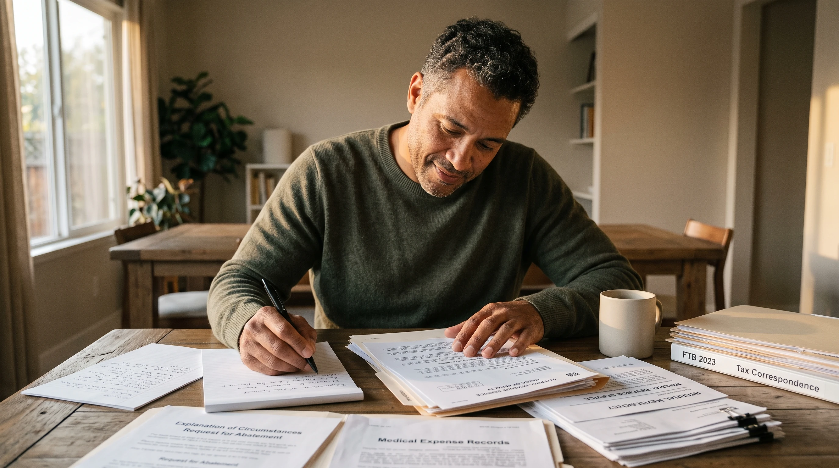 A person at home reviewing paperwork about FTB Penalty Abatement & Reasonable Cause in California.