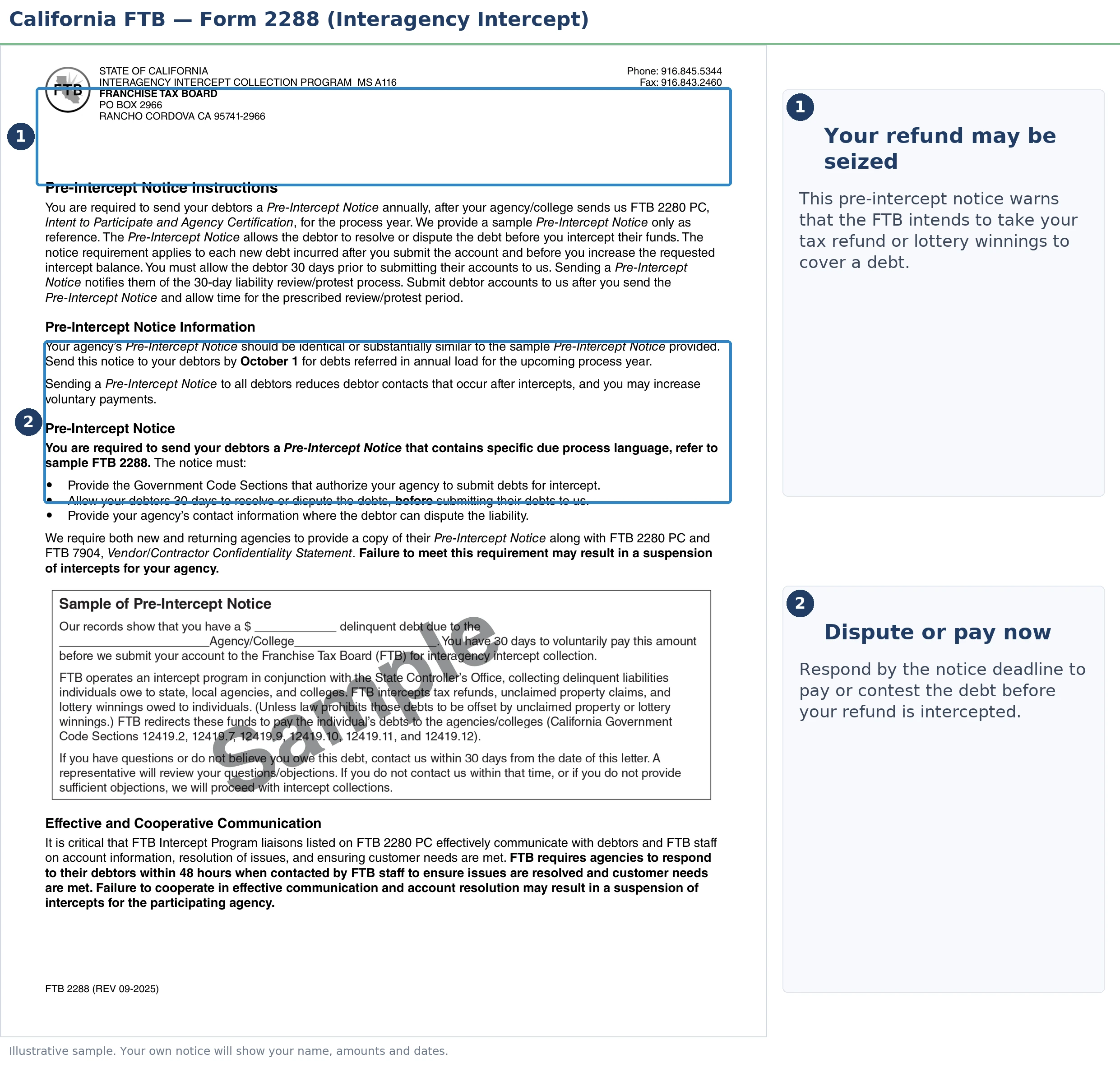 An annotated sample document for FTB Refund & Lottery Intercept, with the key parts highlighted.