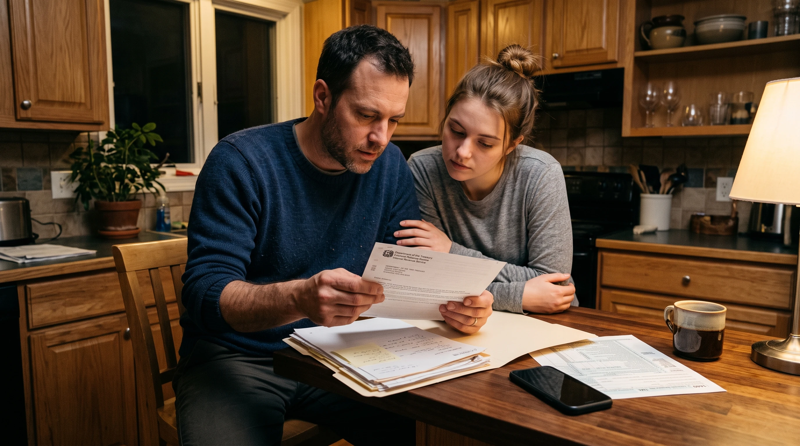 A person at home reviewing paperwork about FTB Refund & Lottery Intercept.