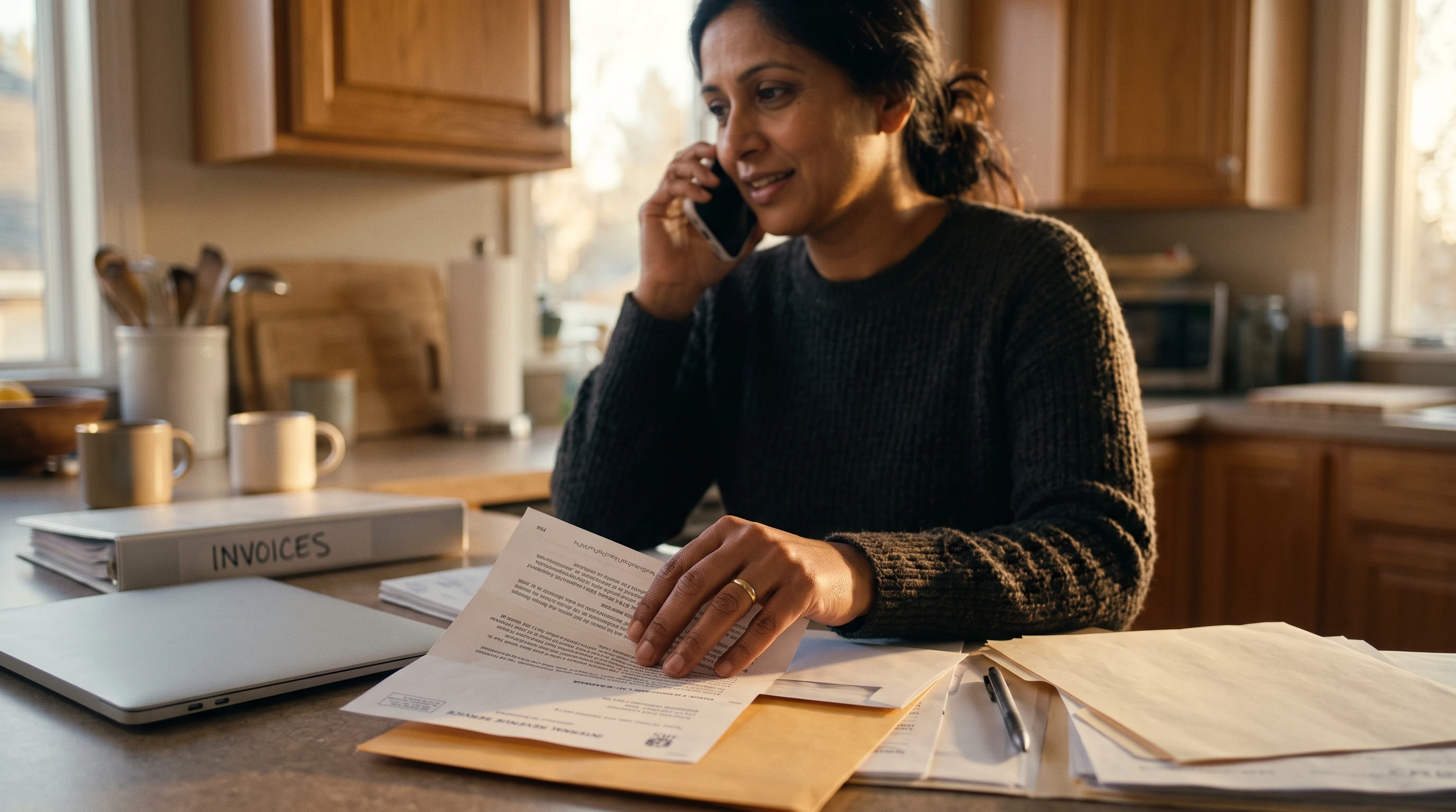 A person at home reviewing paperwork about FTB Suspended Corporation or LLC.