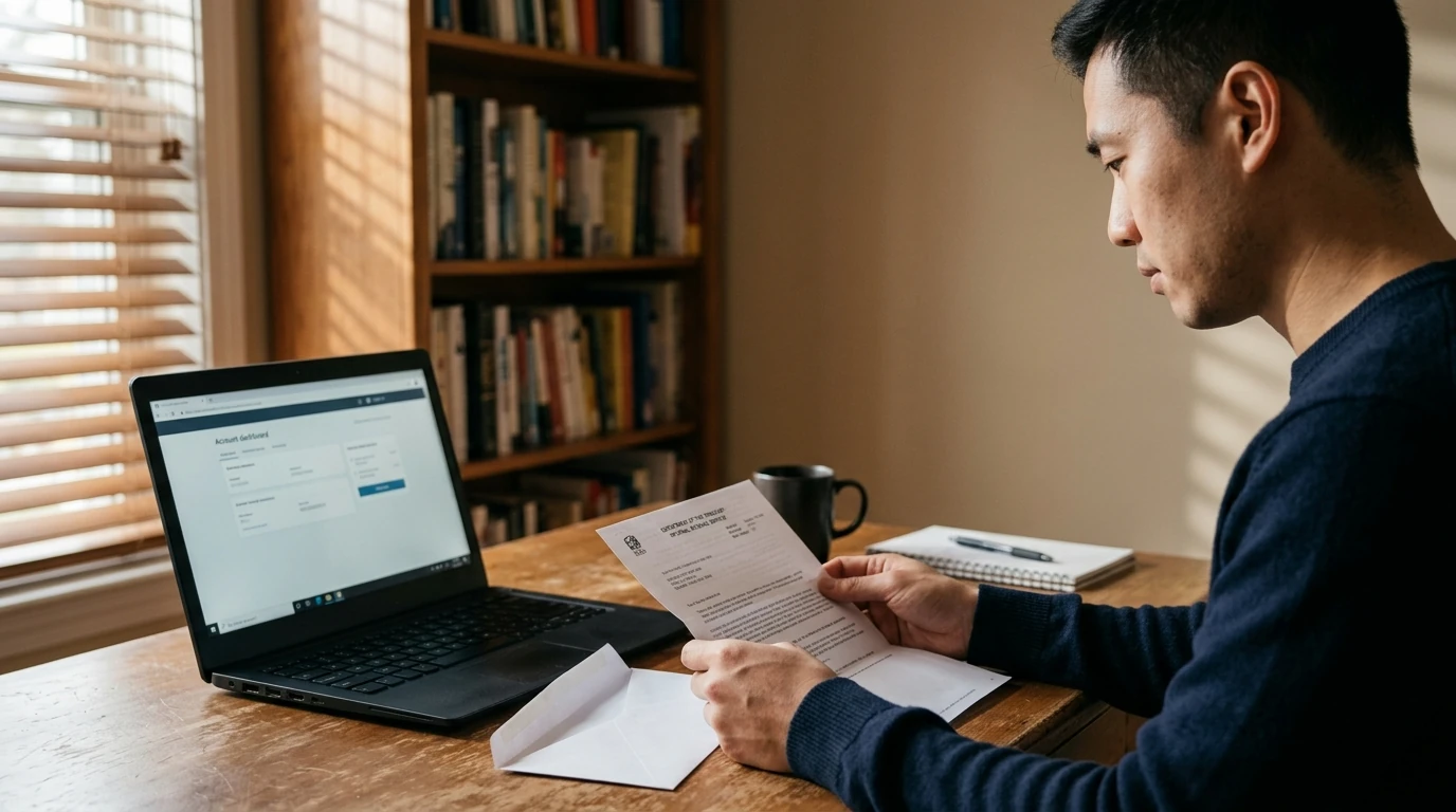 A person reviewing an IRS IRS notice at home.