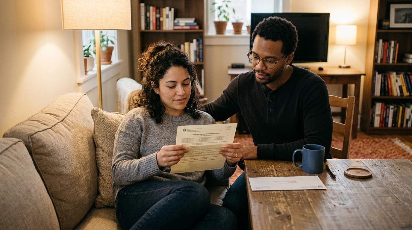 A person reviewing an IRS IRS notice at home.