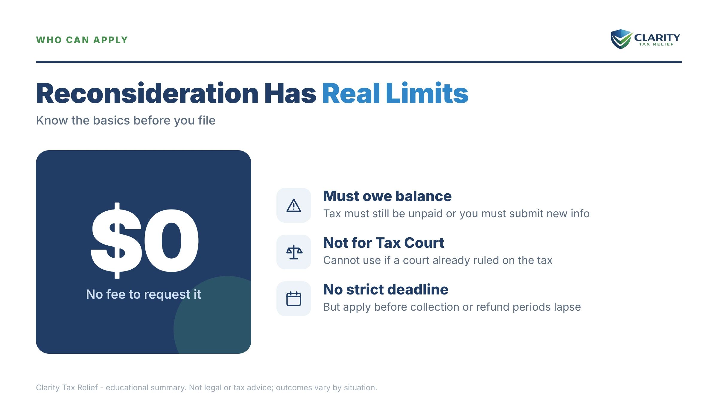 Infographic: timelines, costs and options for IRS Audit Reconsideration.