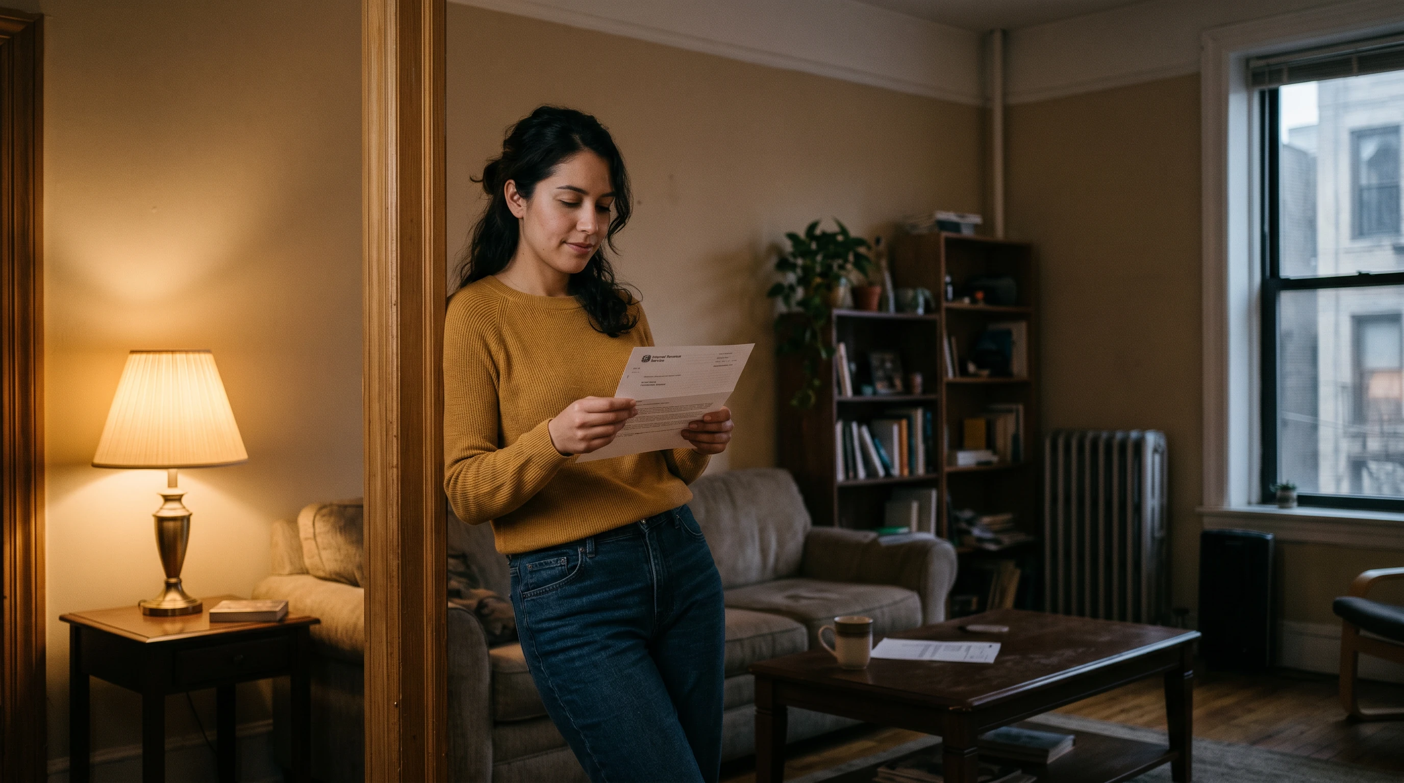 A person at home reviewing paperwork about How Much Do Americans Owe the IRS in Back Taxes.