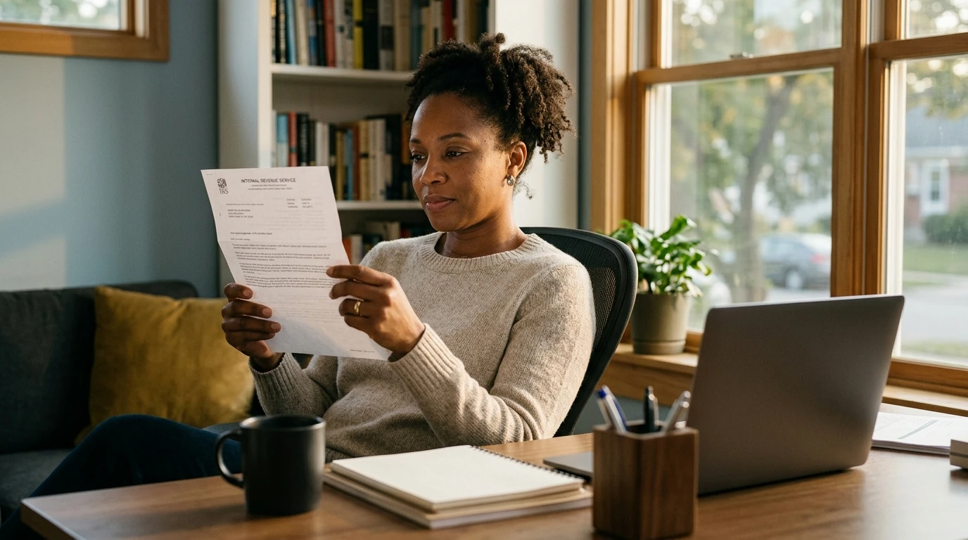 A person reviewing an IRS IRS notice at home.