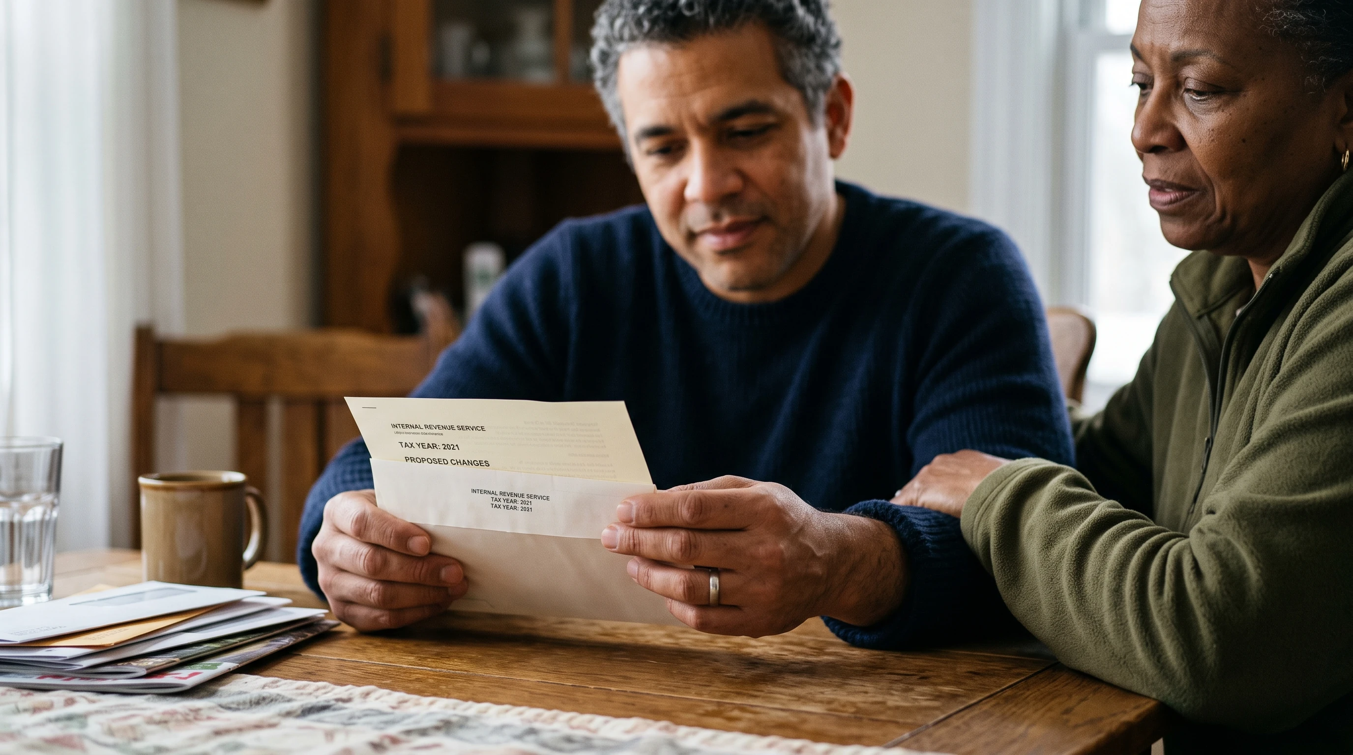 A person at home reviewing paperwork about CP2000 Underreporter Statistics.