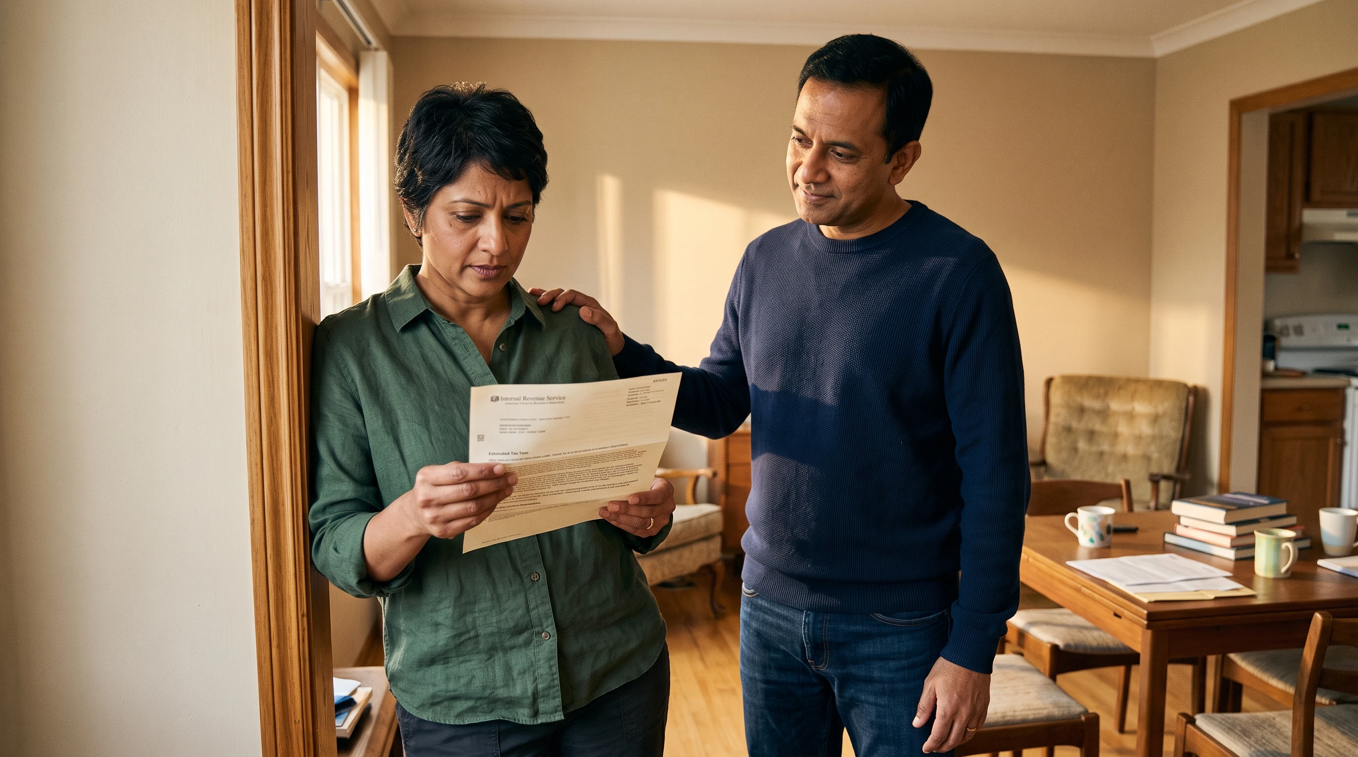 A person at home reviewing paperwork about Estimated Tax Penalty Statistics.