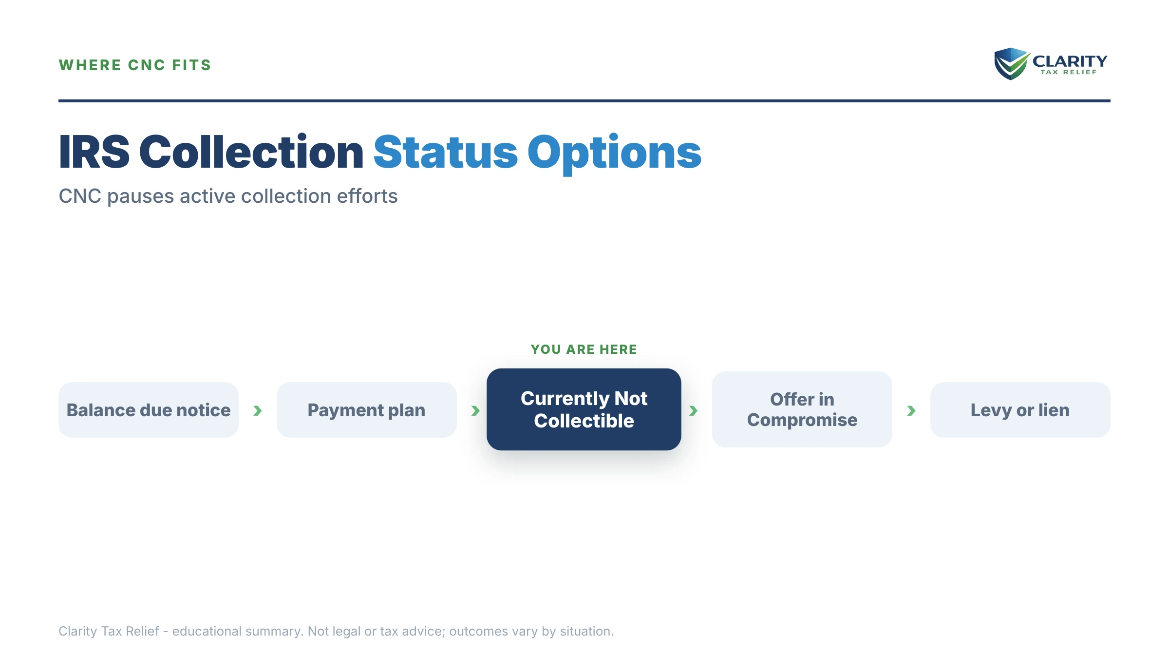 Infographic: timelines, costs and options for IRS Hardship Letter for Currently Not Collectible Status.