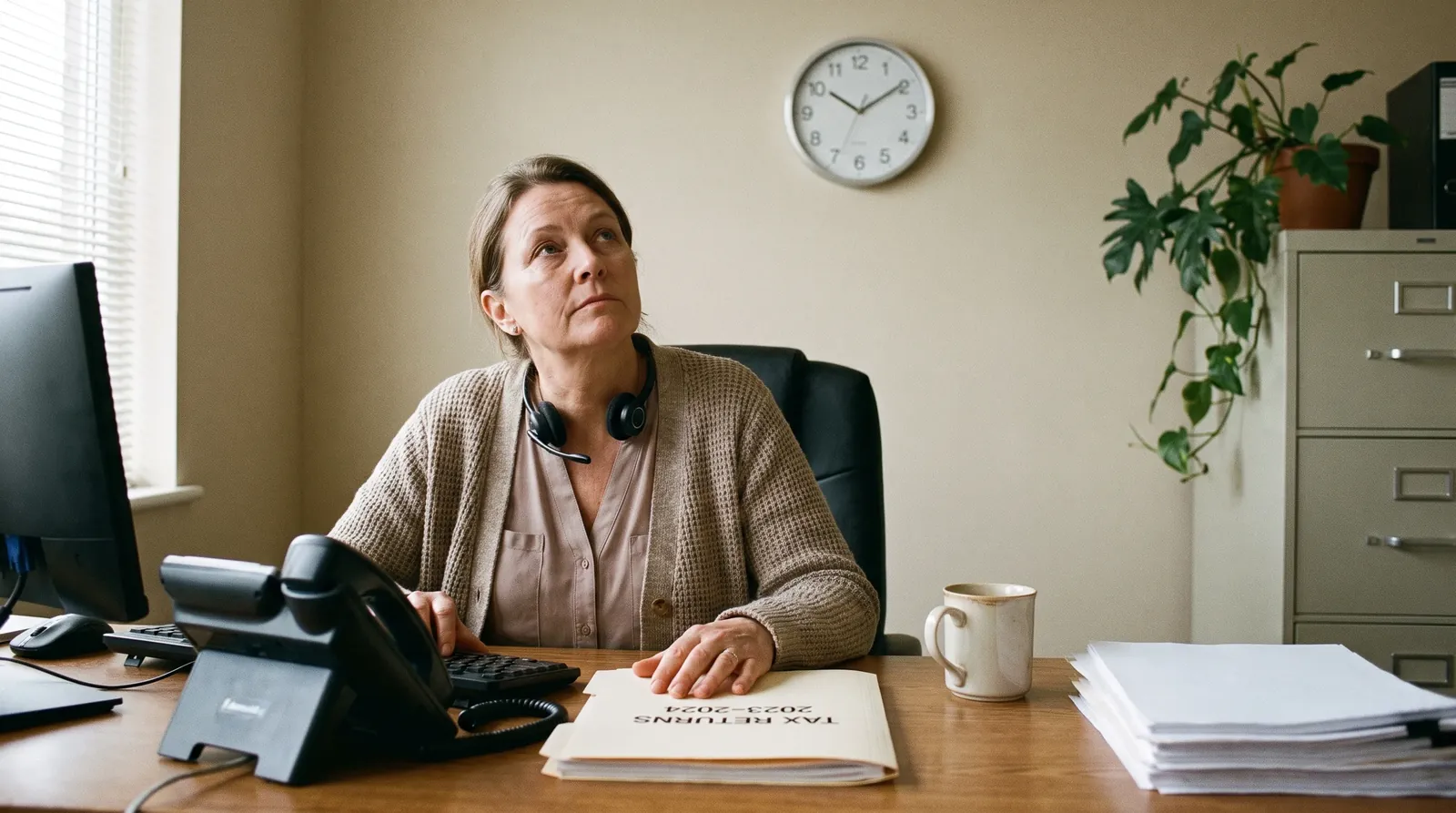 A tax professional at her office desk waits on hold with the IRS, headset pushed back, phone beside her keyboard, looking up at the wall clock.