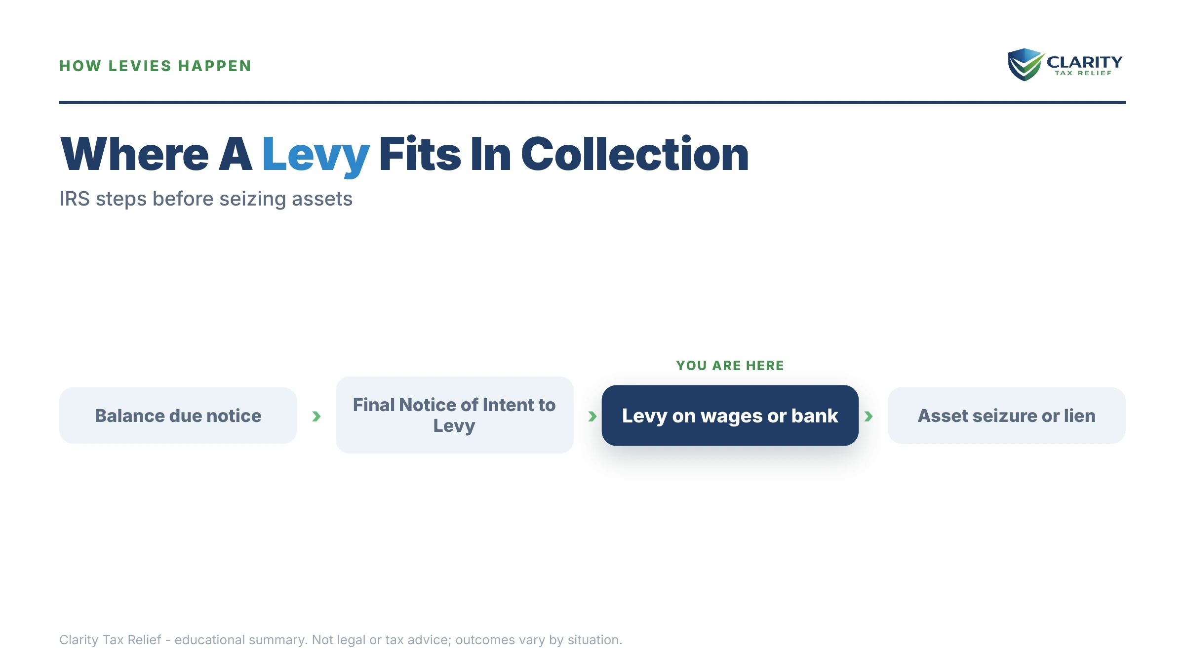 Infographic: timelines, costs and options for IRS Levy Statistics.