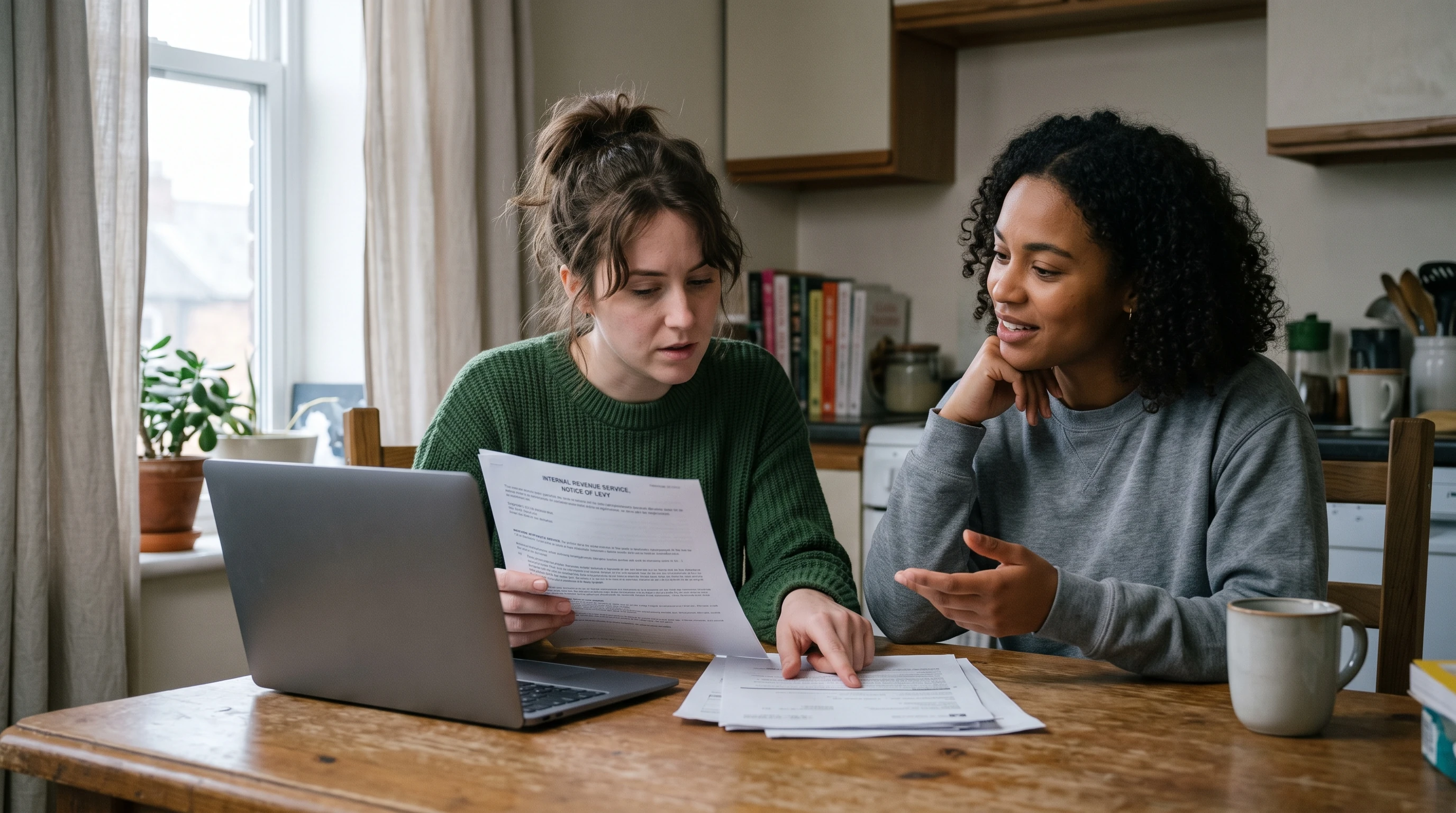 A person at home reviewing paperwork about How Many IRS Levies Per Year.