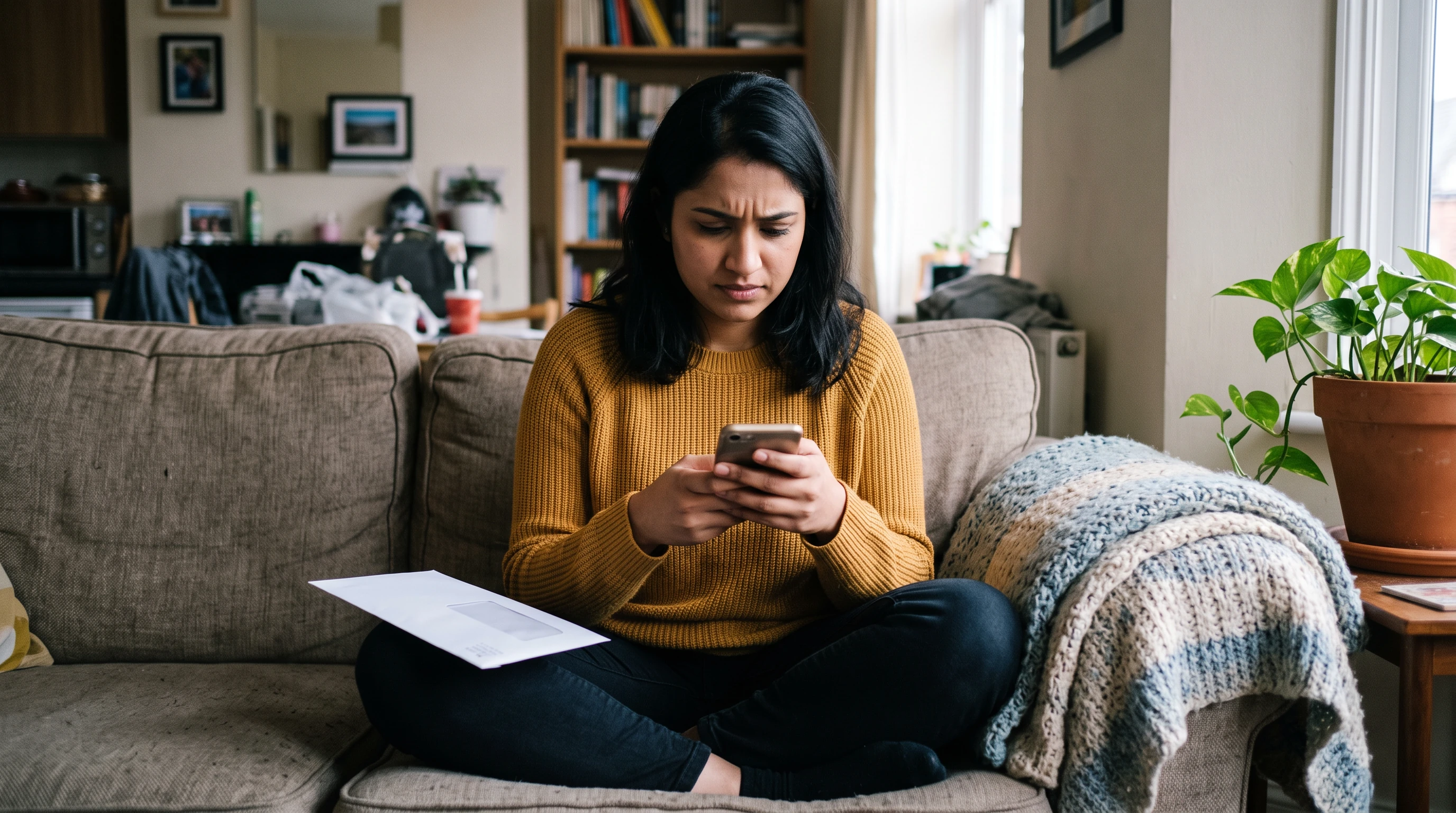 A person at home reviewing paperwork about IRS Math Error Notices by Year.