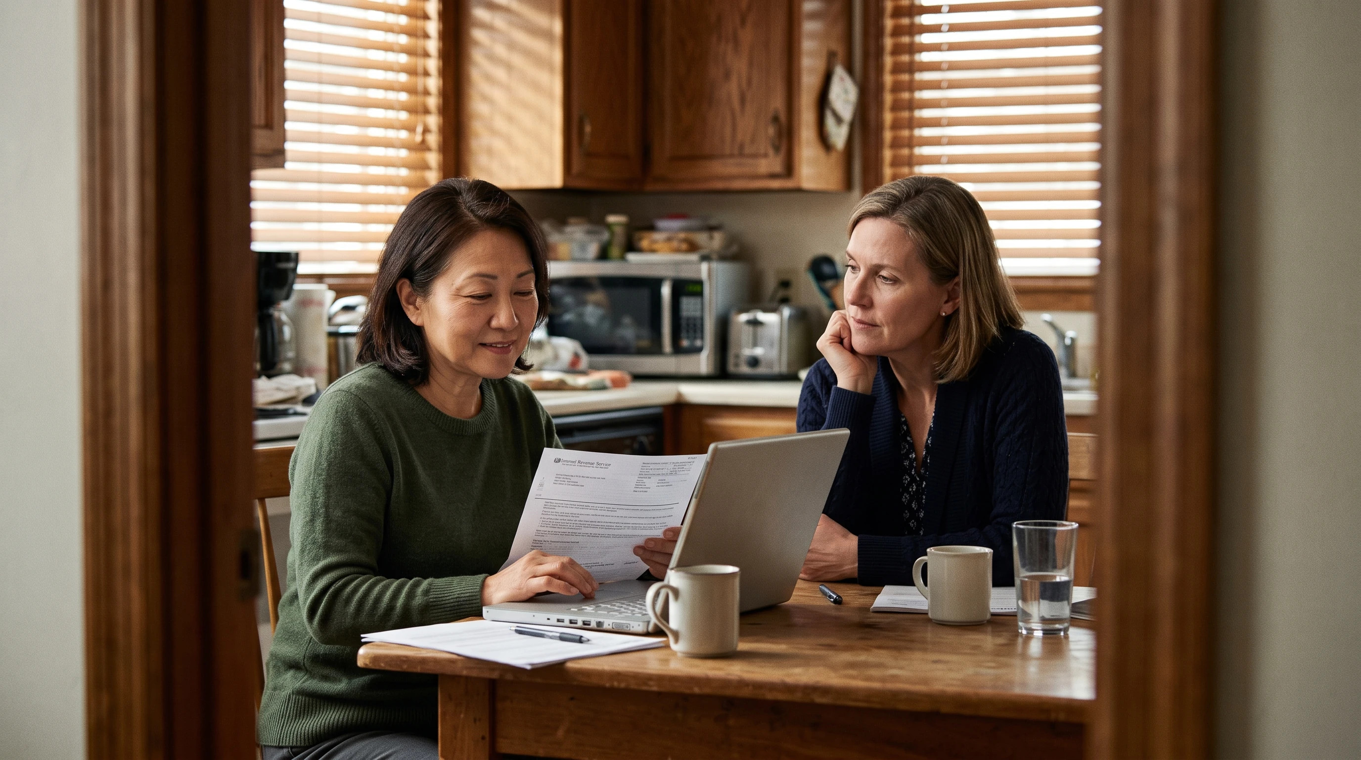 A person at home reviewing paperwork about The Most Common IRS Penalties, by the Numbers.