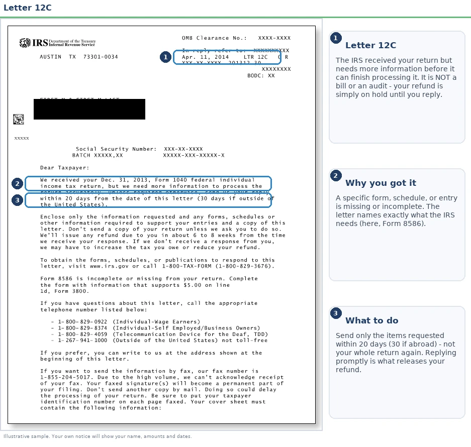 An exact sample of the IRS Letter 12 with the key parts highlighted.