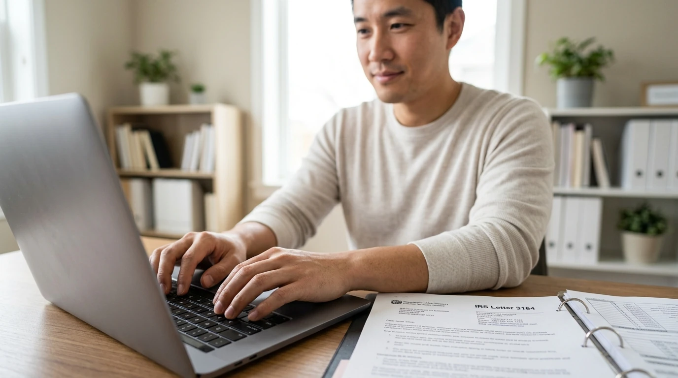 A person reviewing an IRS Letter 3164 at home.