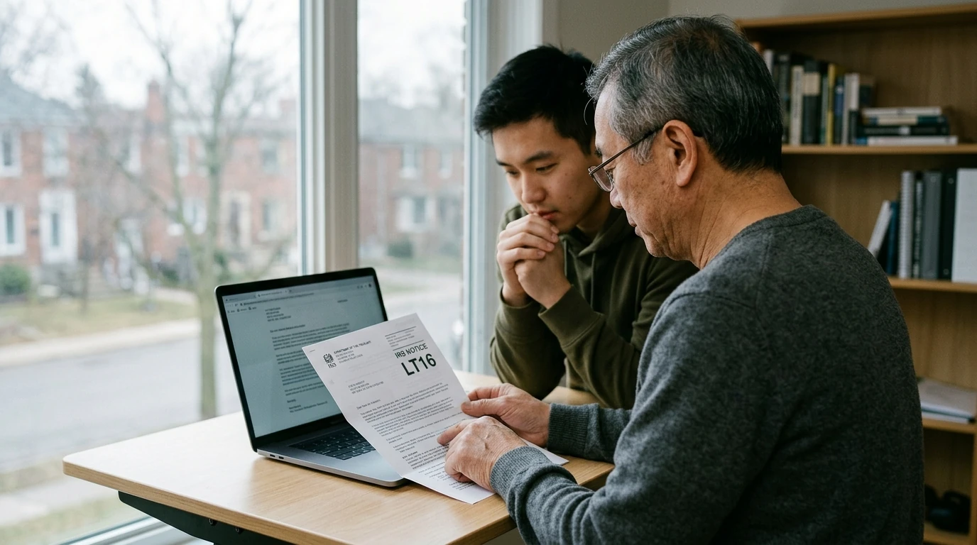 A person reviewing an IRS LT16 notice at home.