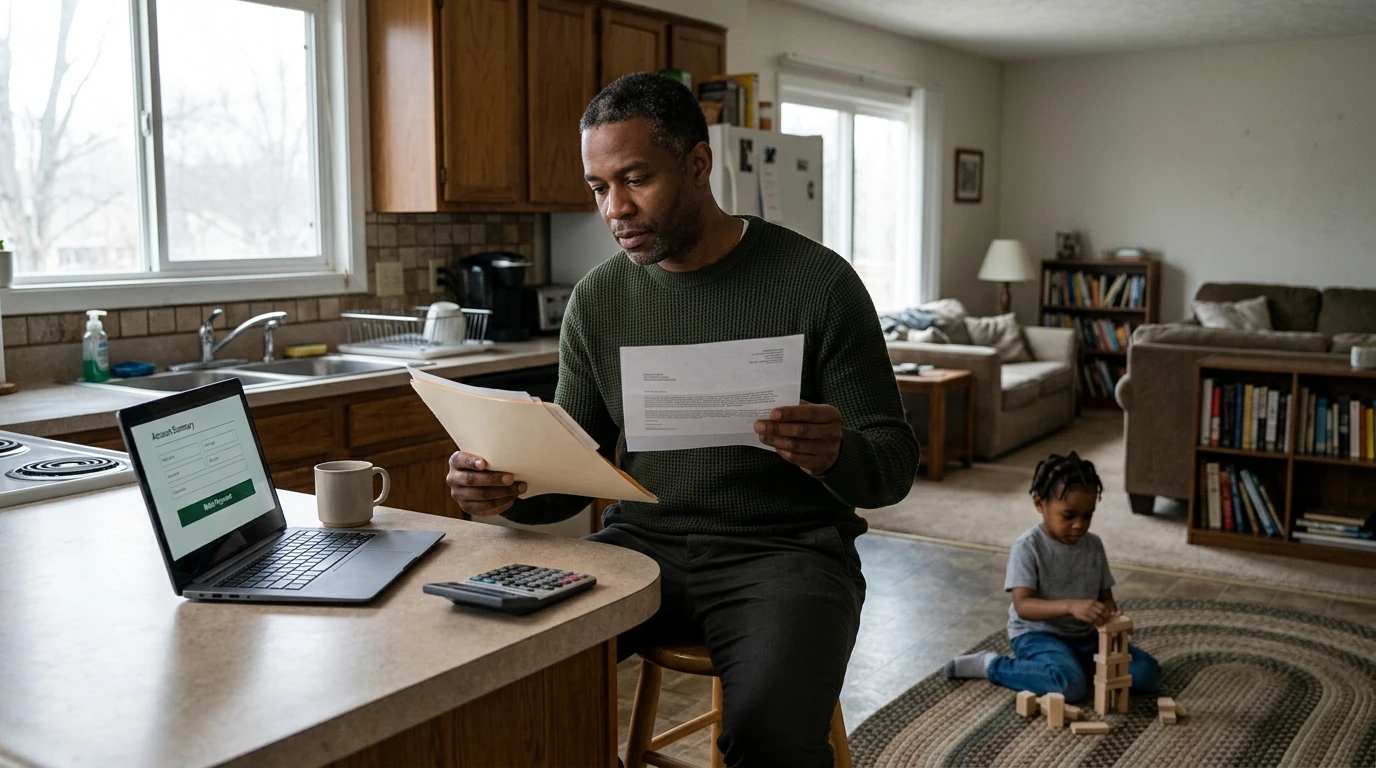 A person at home reviewing paperwork about Missed IRS Payment Plan Payment.