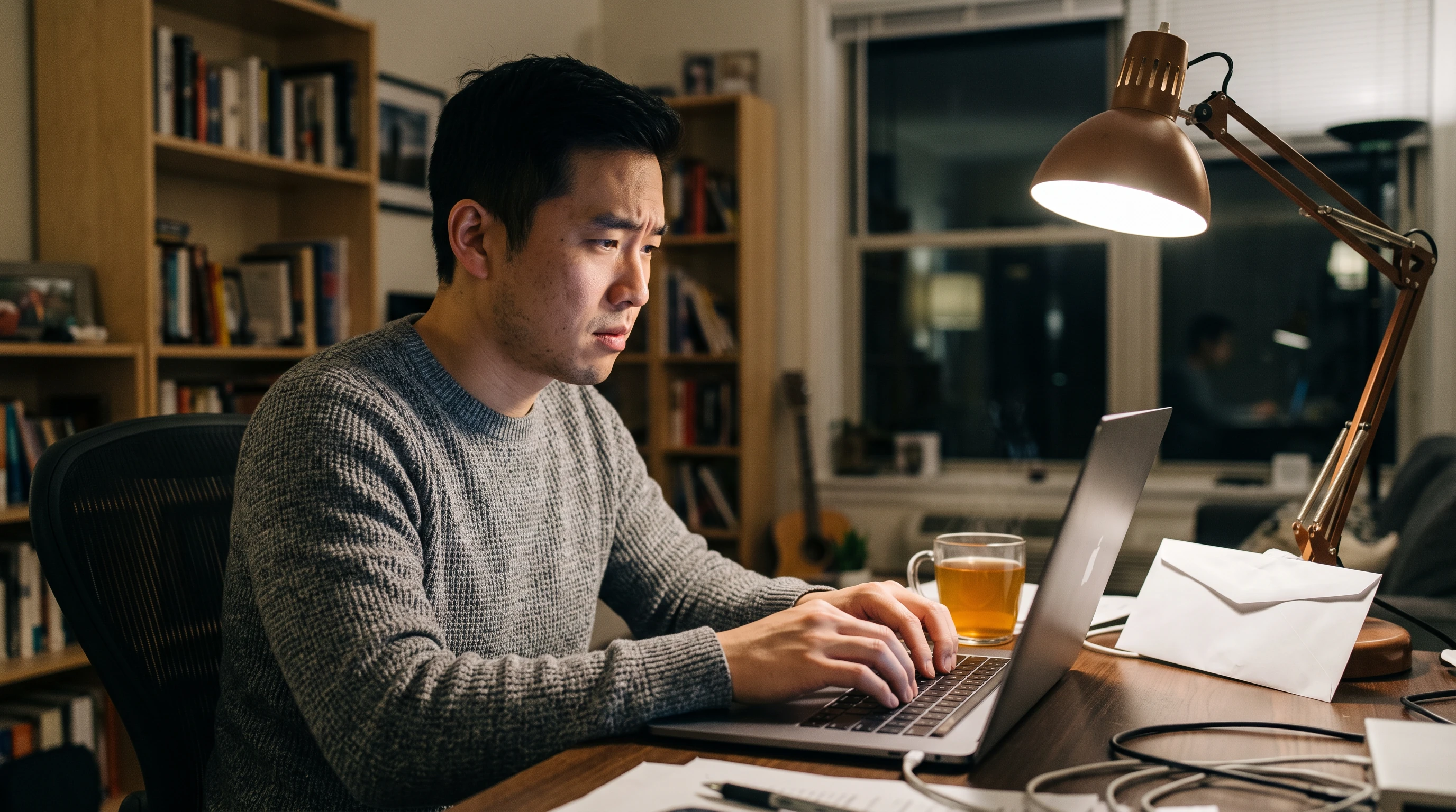 A person at a laptop late in the evening reading a tax forum thread, an IRS envelope open on the desk beside the keyboard.