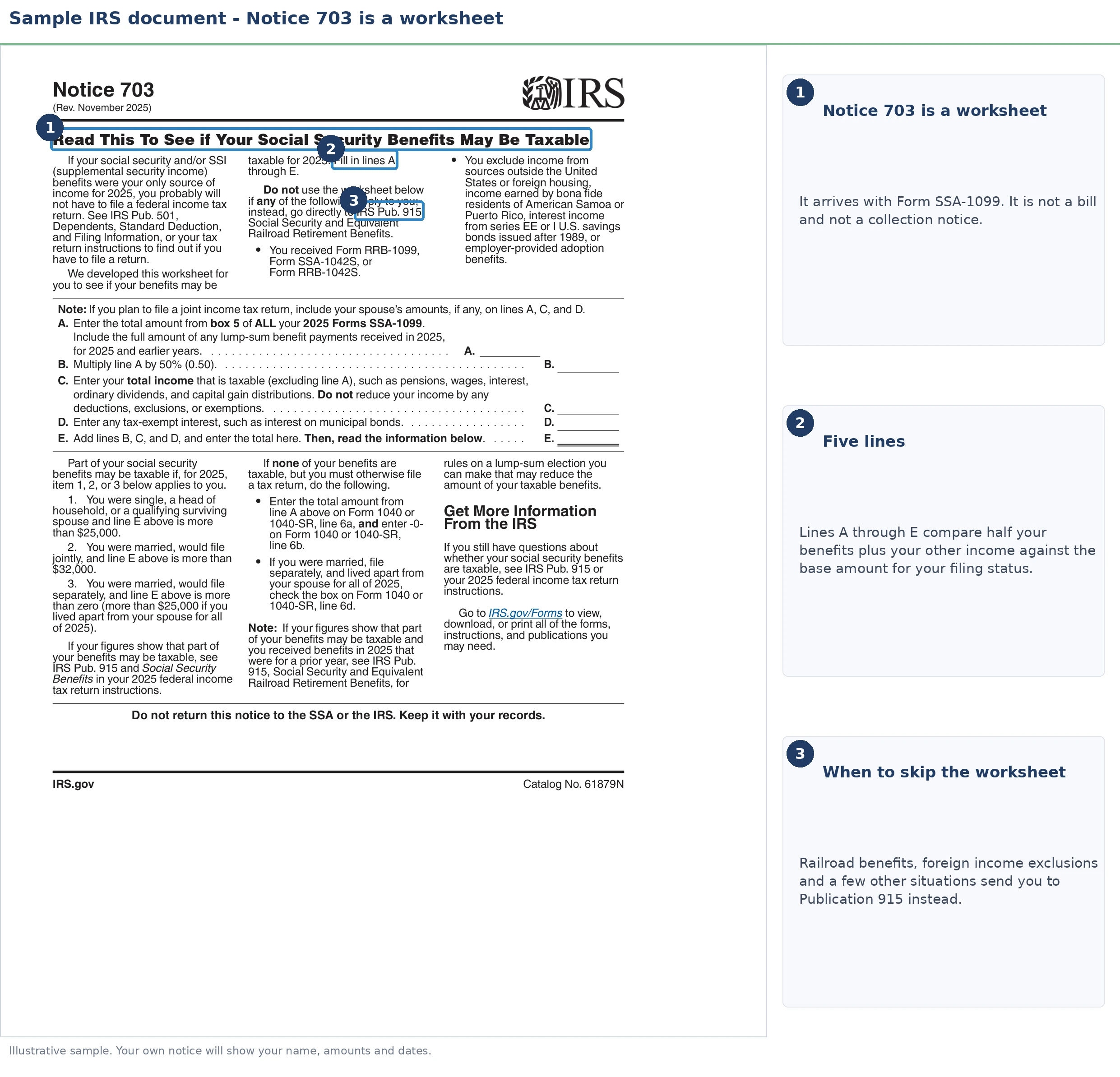 An annotated sample document for IRS Notice 703 in 2026, with the key parts highlighted.