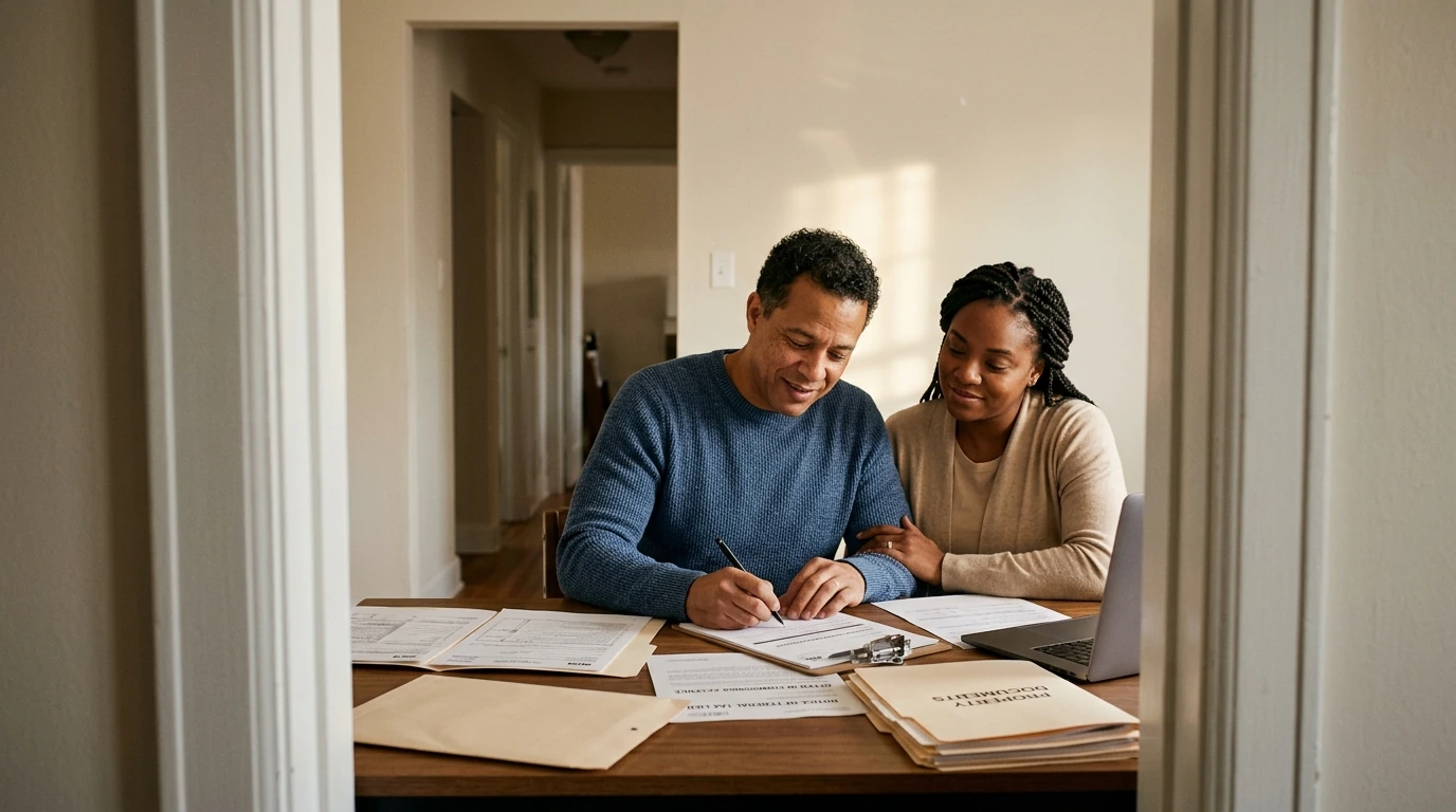 A person at home reviewing paperwork about Does an OIC Remove a Tax Lien.