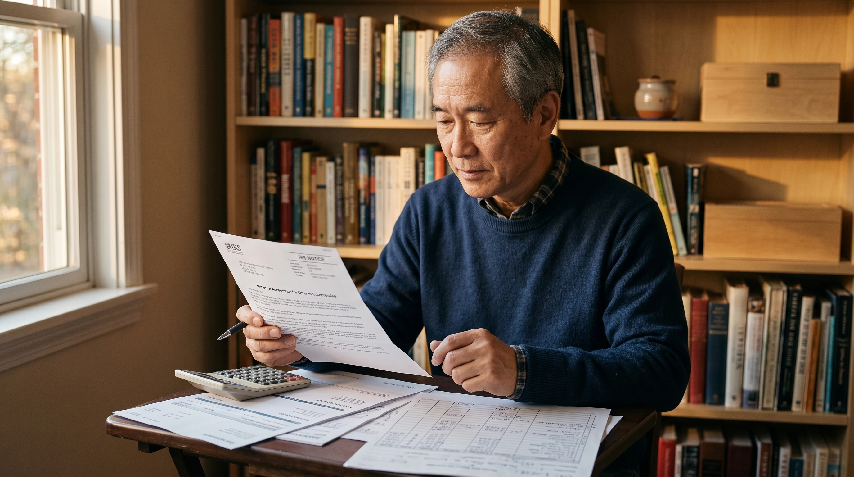 A person at home reviewing paperwork about Is the OIC Down Payment Refundable.