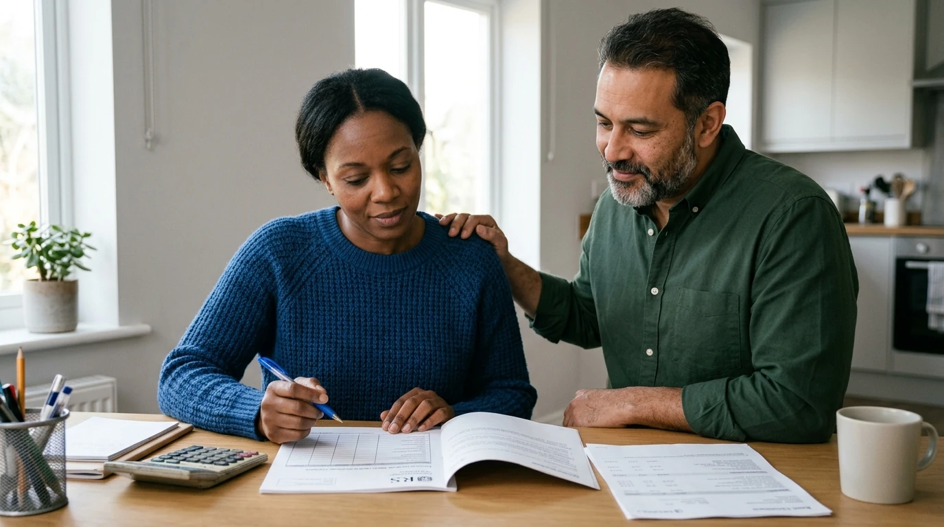A person at home reviewing paperwork about OIC Low Income Certification.