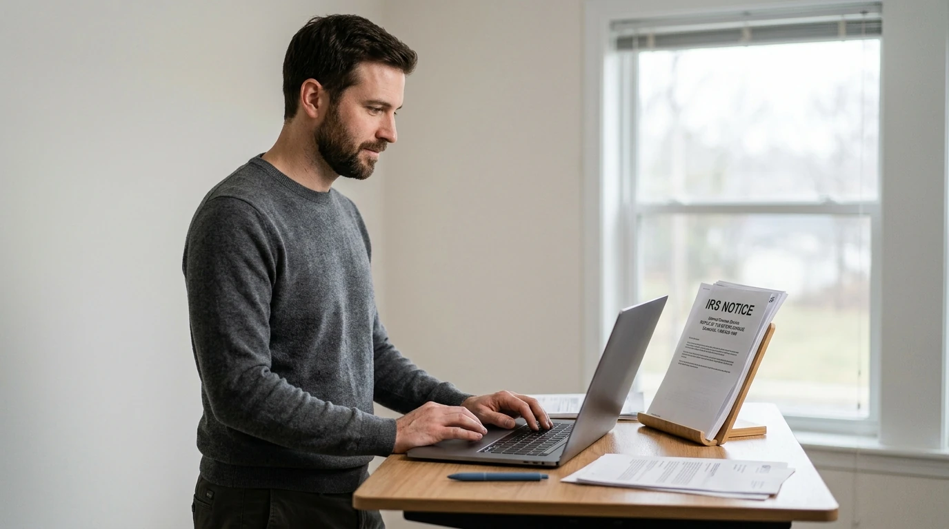 A person reviewing an IRS IRS notice at home.