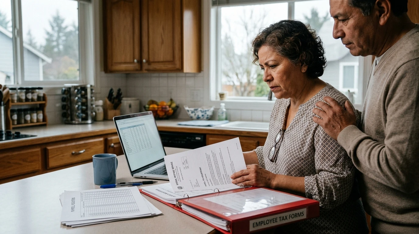 A person at home reviewing paperwork about Payroll Tax Debt After Your Business Closed.