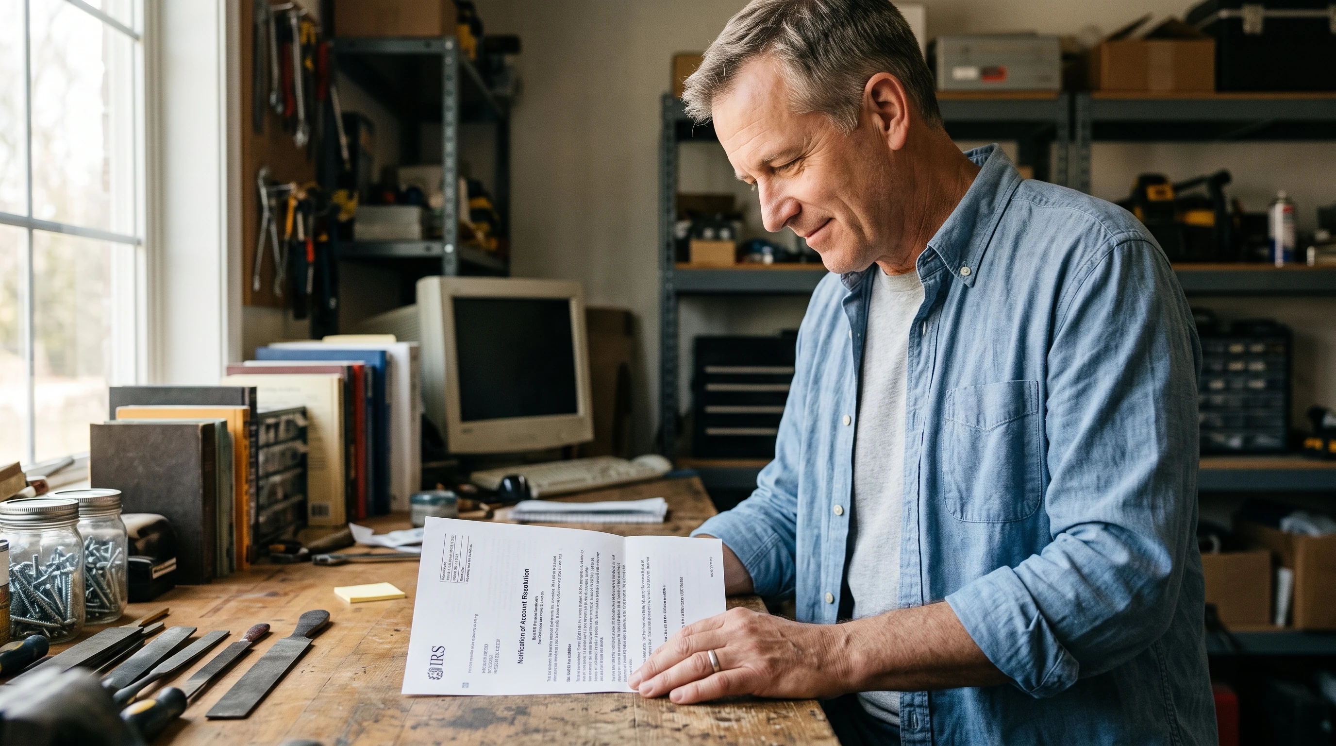 A person at home reviewing paperwork about Prenup and IRS Debt.