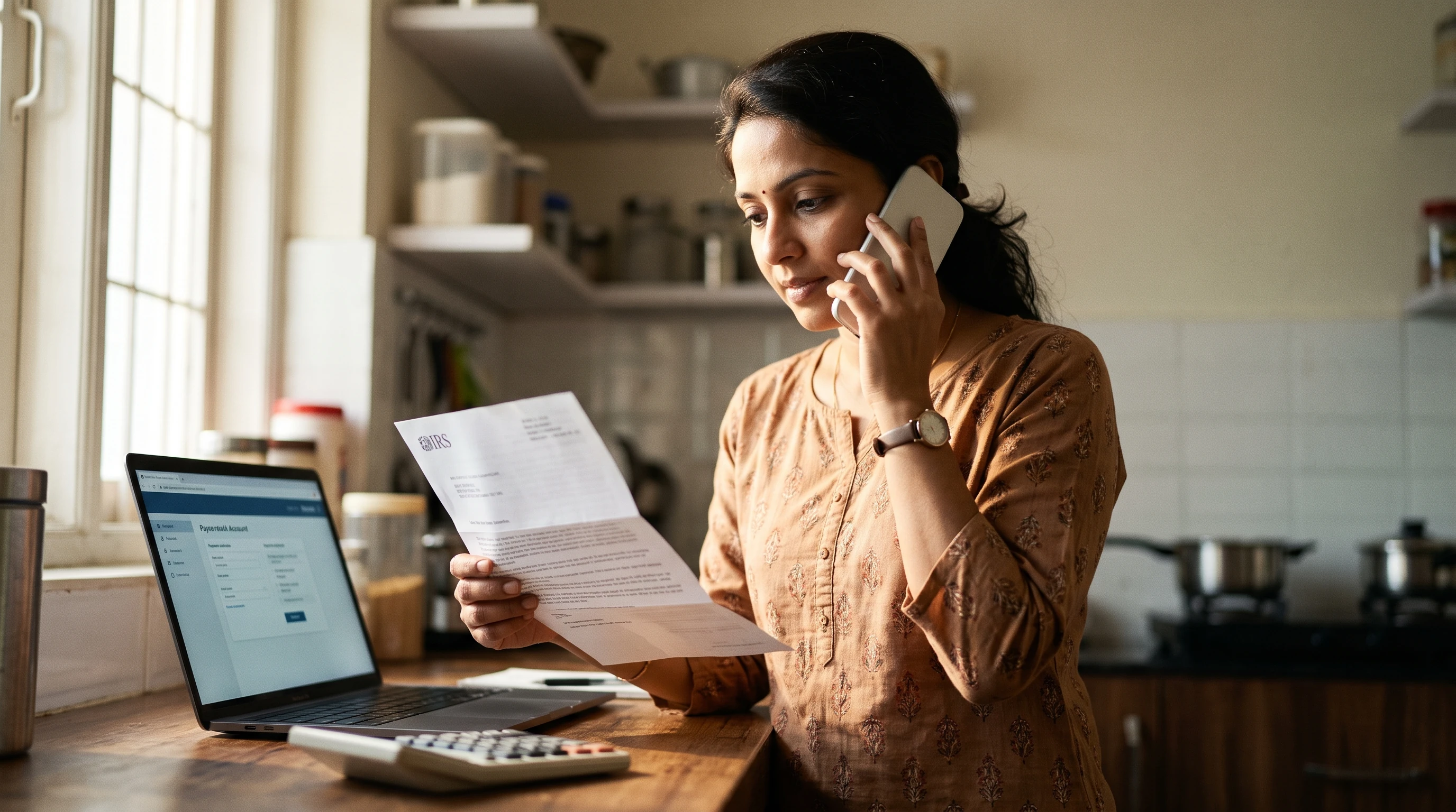 A person at home reviewing paperwork about Reinstate IRS Payment Plan.