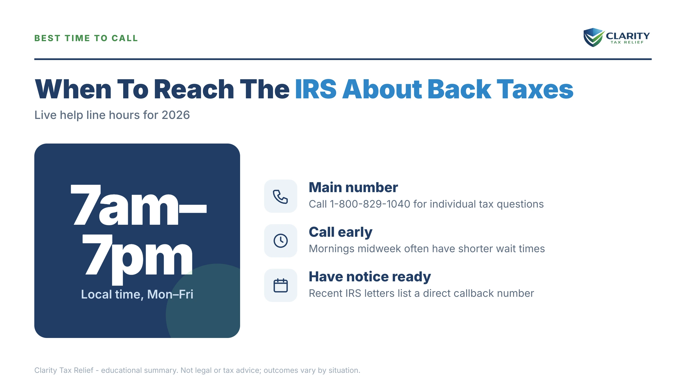 Infographic: timelines, costs and options for What to Say When Calling the IRS About Back Taxes.