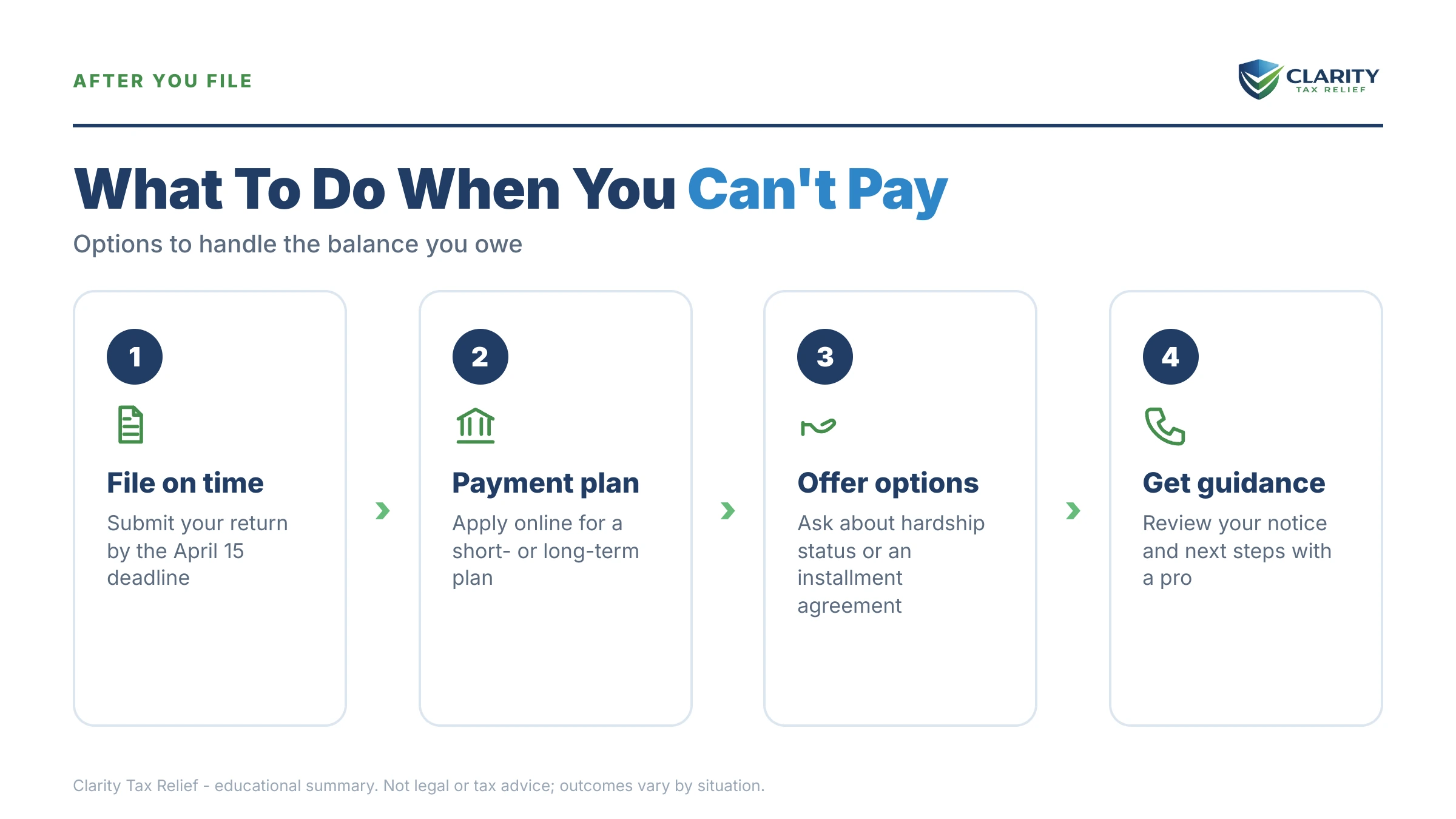 Infographic: timelines, costs and options for Should I File If I Can't Pay.