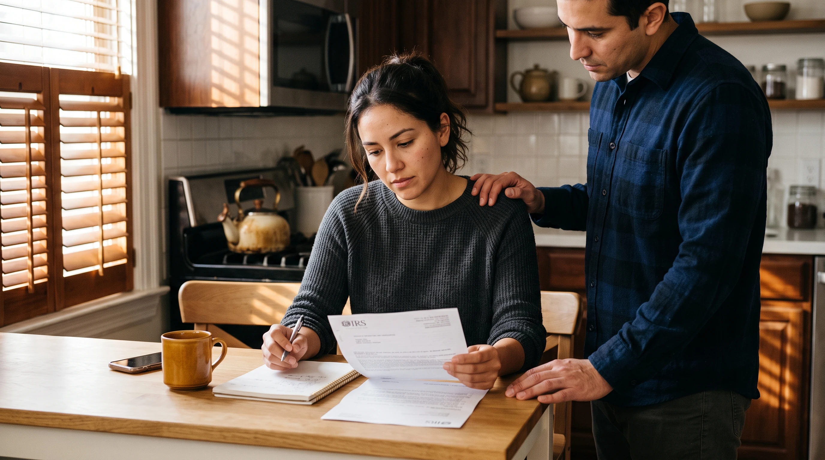 A person at home reviewing paperwork about Spouse Hid Income From Me.
