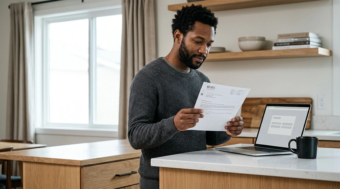 A person reviewing an IRS IRS notice at home.