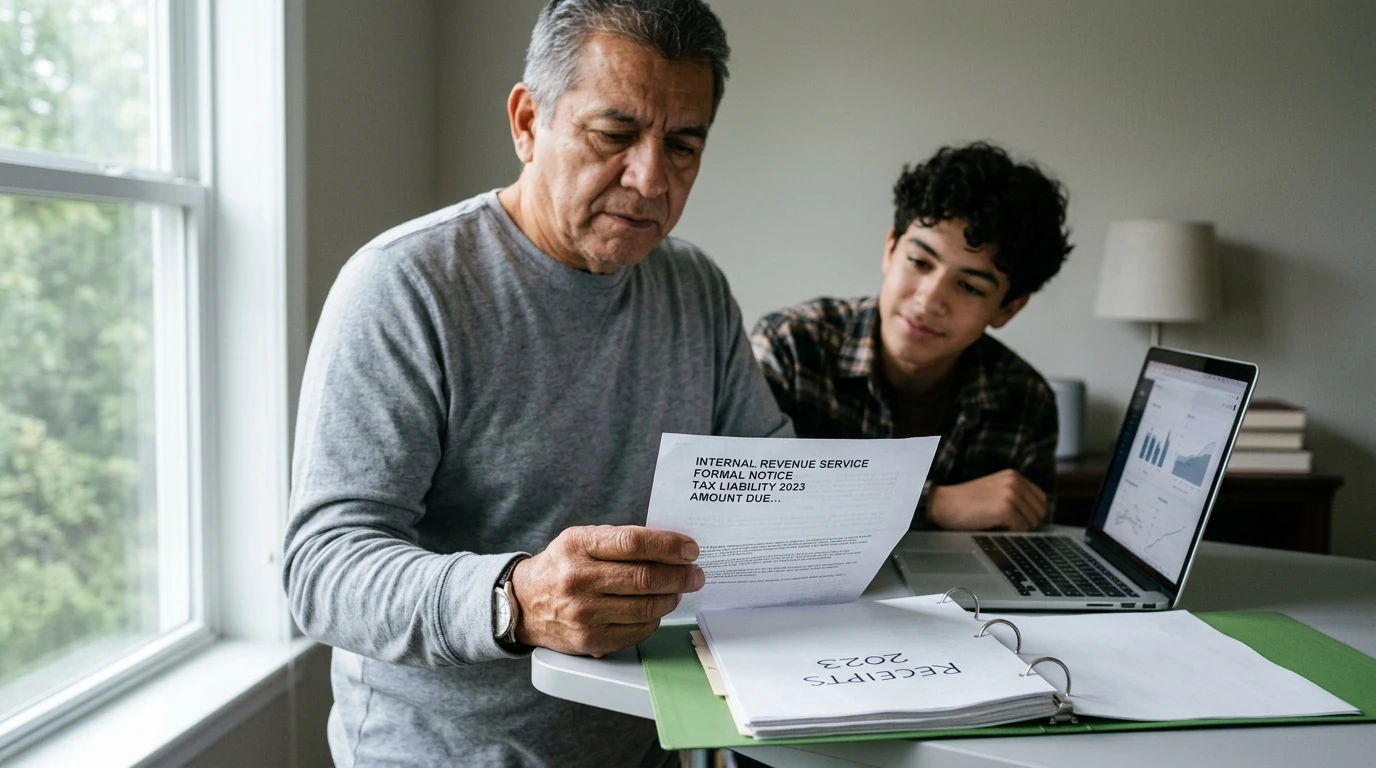 A person reviewing an IRS IRS notice at home.
