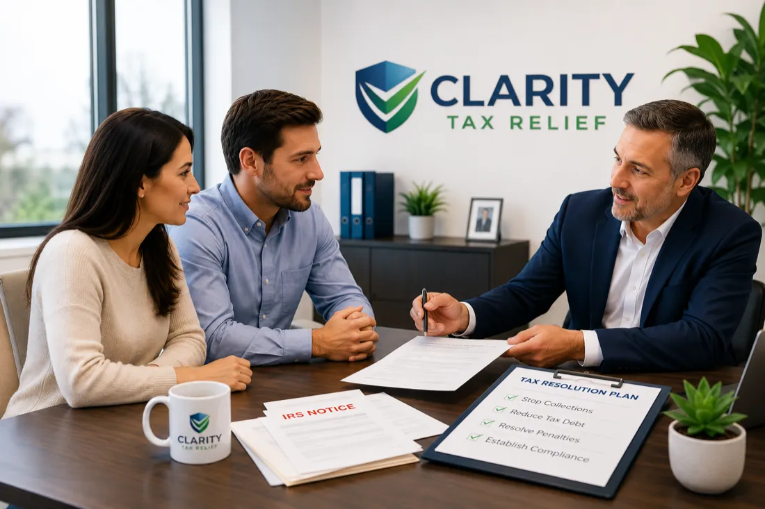 Clarity Tax Relief advisor reviewing a tax resolution plan with two clients